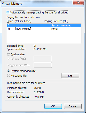 Windows 7 Virtual Memory Settings